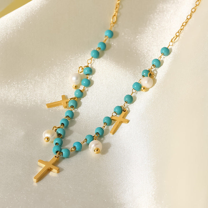 Olivenorma Turquoise Pearl Cross Pendant Tassel Necklace - image 1