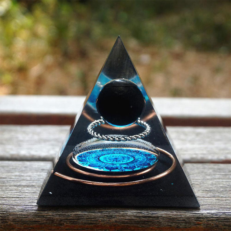 Olivenorma Obsidian Crystal Sphere With Copper Circle Orgone Pyramid - image 3