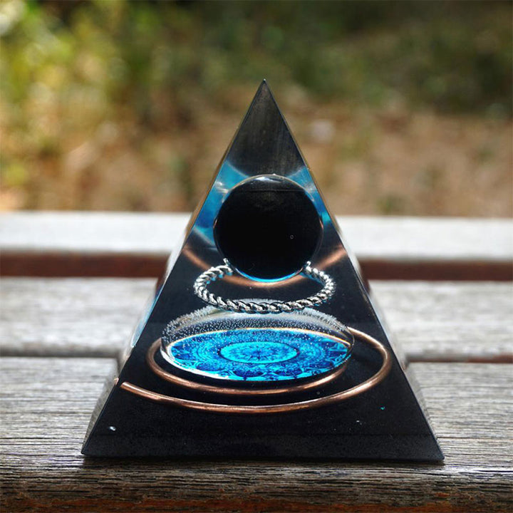 Olivenorma Obsidian Crystal Sphere With Copper Circle Orgone Pyramid - image 3