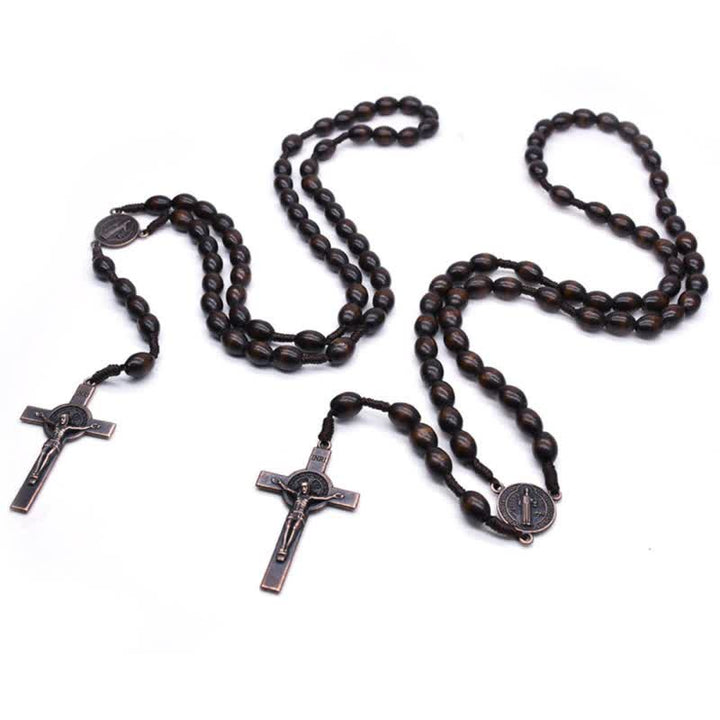Olivenorma Knitted Vintage Cross Wood Rosary Necklace - image 2