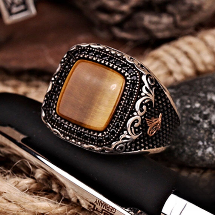 Olivenorma Metal Engraved Tiger Eye Men's Ring - 13 - image 0