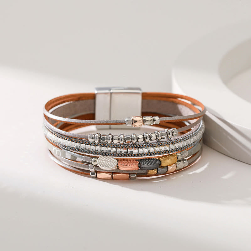 Olivenorma Hematite White Zircon Leaf Tiered Leather Bracelet - image 6