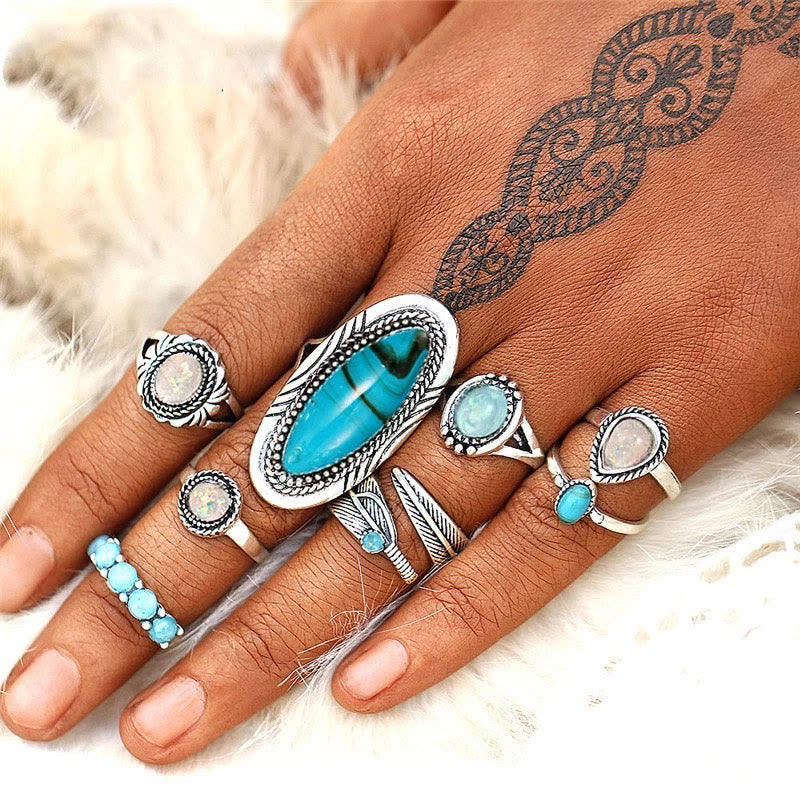 Olivenorma Opal Turquoise Elephant Leaf 8-Piece Ring Set - image 1