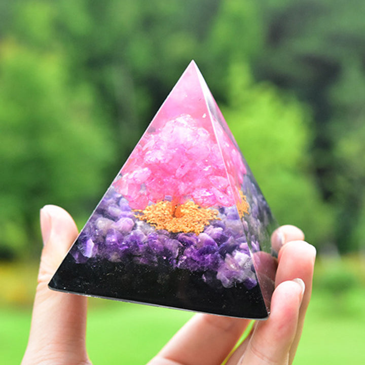 Olivenorma Tree of Life Amethyst Obsidian with Pink Crystal Orgone Pyramid - image 1
