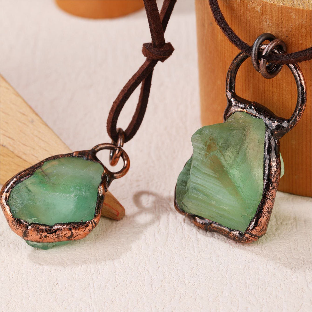 OlivenormaNatural Rough Stone Irregular Pendant Leather Rope Necklace - Green Fluorite - image 25
