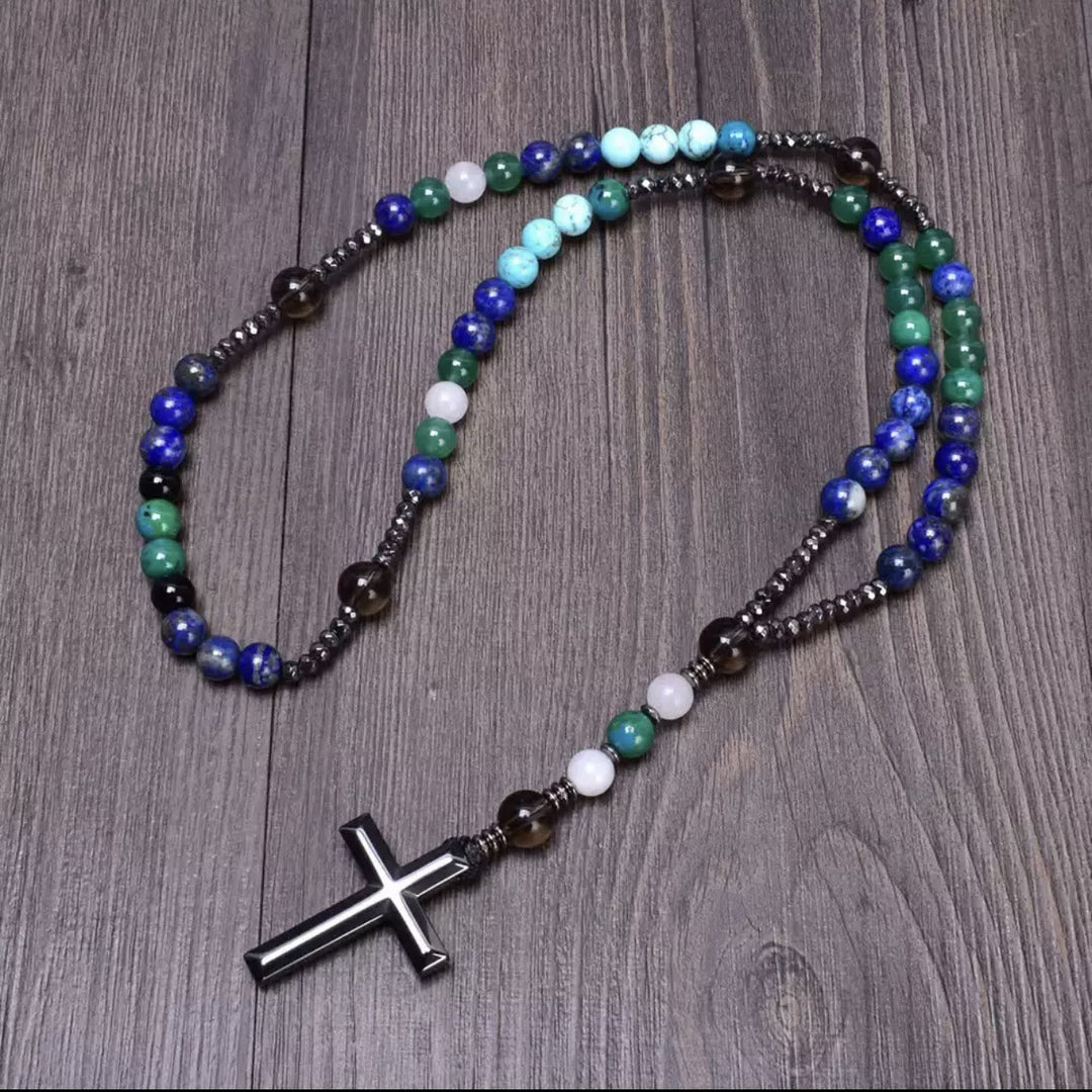 Olivenorma Cross Catholic Natural Stone Rosary Pendant Necklace - Lapis Lazuli&Green Aventurine - image 14