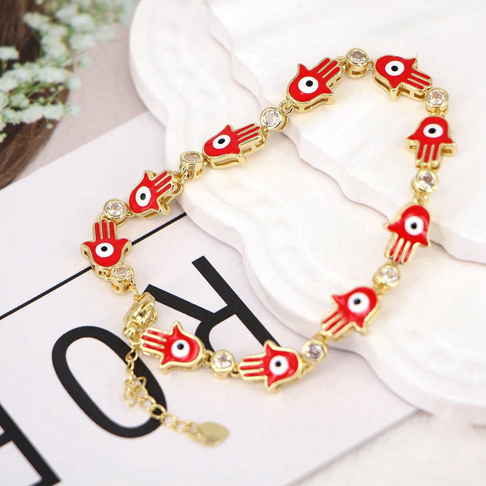 Olivenorma Colorful Enameled Zircon Evil Eye Hamsa Bracelet - Red&Evil Eye Hamsa - image 3