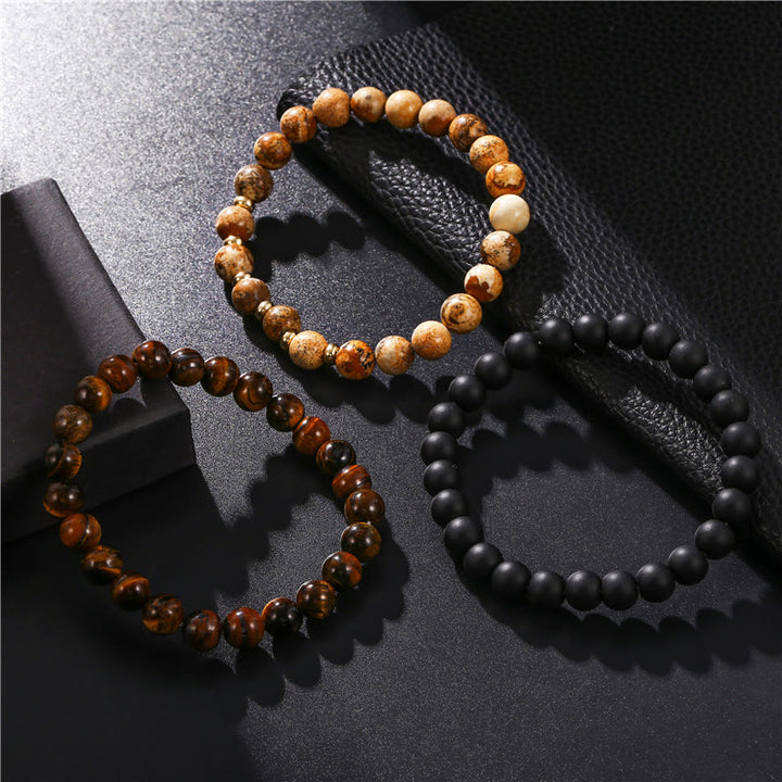Olivenorma 3Pcs Picture Jasper Tiger Eye Black Onyx Beaded Bracelets - image 8