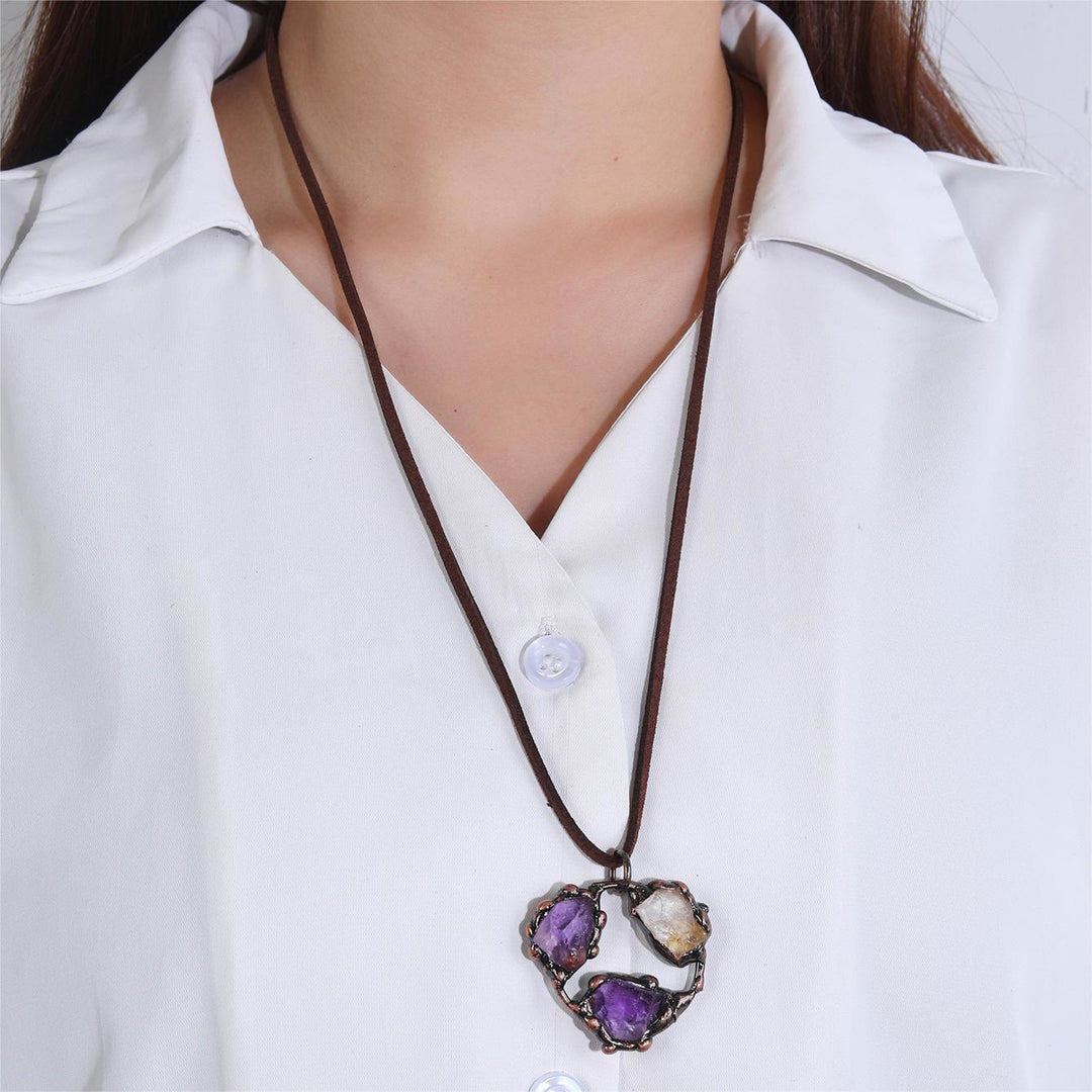 OlivenormaNatural Rough Stone Irregular Pendant Leather Rope Necklace - image 8