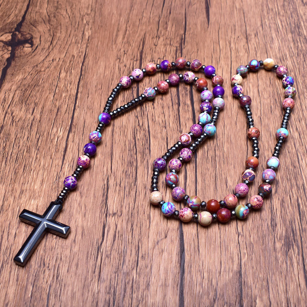 Olivenorma Natural Stone Cross Pandant Rosary Necklace - image 2