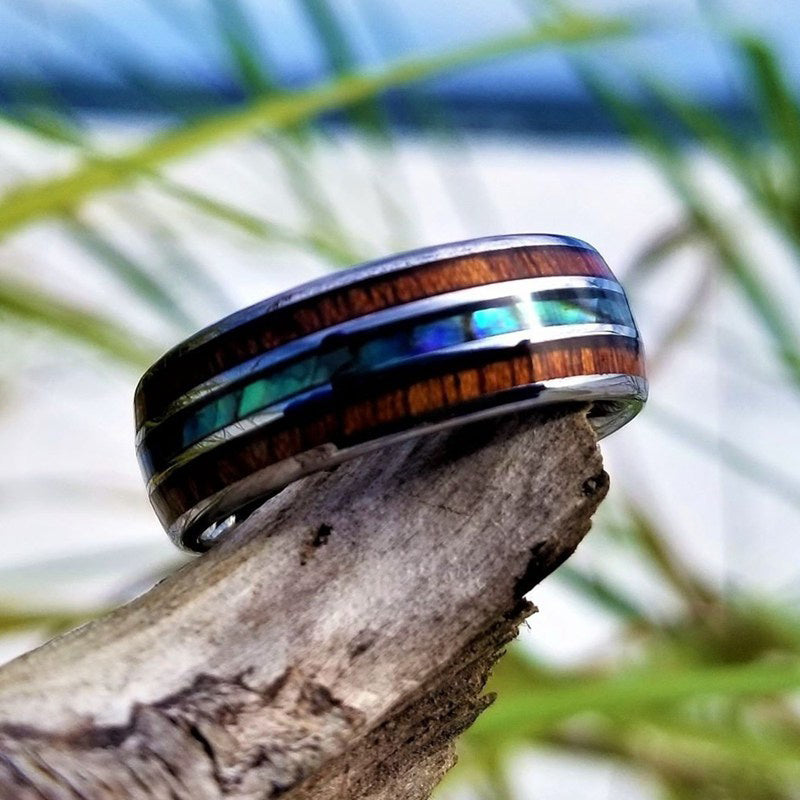 Olivenorma Koa Wood and Abalone Shell Tungsten Carbide Ring - image 3