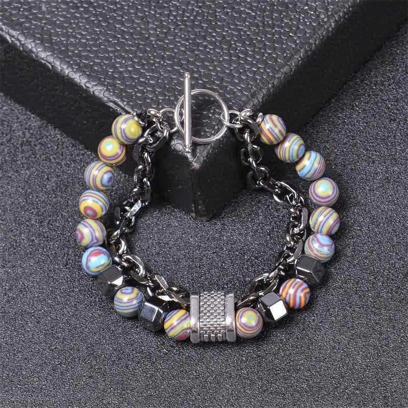 Olivenorma 8mm Malachite Stone Titanium Chain Bracelet - Purple Yellow - image 2