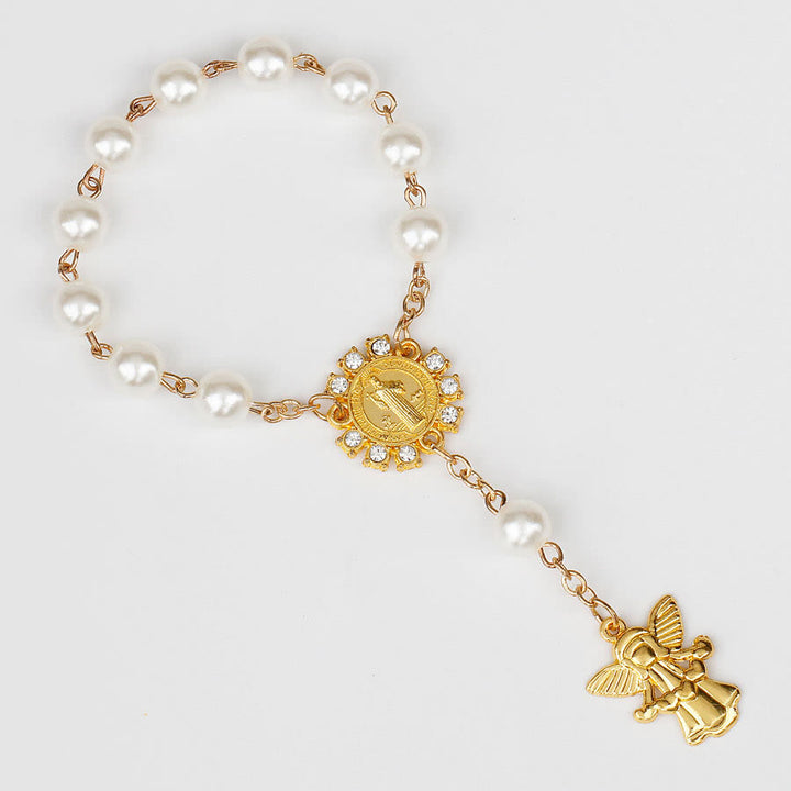 Olivenorma 8mm Golden Angel Christianity Pendant Rosary Bead Bracelet - Pearl - image 4