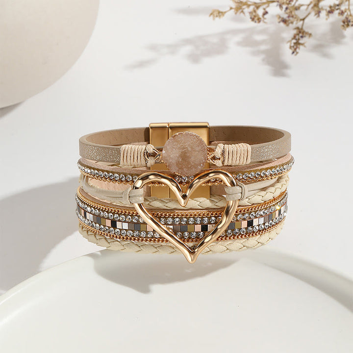 Olivenorma Multicolor Crystal Cluster Metallic Heart Braided Leather Bracelet - Khaki - image 7