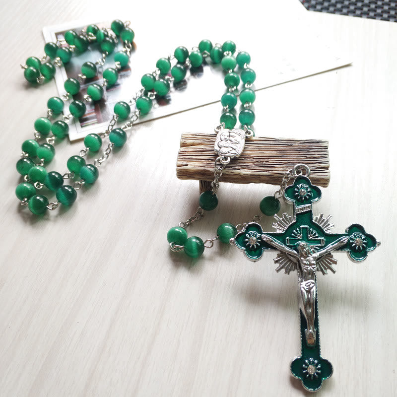 Olivenorma Green Cat's Eye Stone Cross Rosary Necklace - image 1
