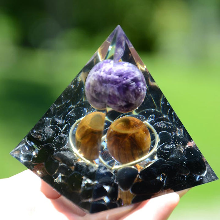 Amethyst Sphere With Obsidian Tiger Eye Orgone Pyramid - image 1