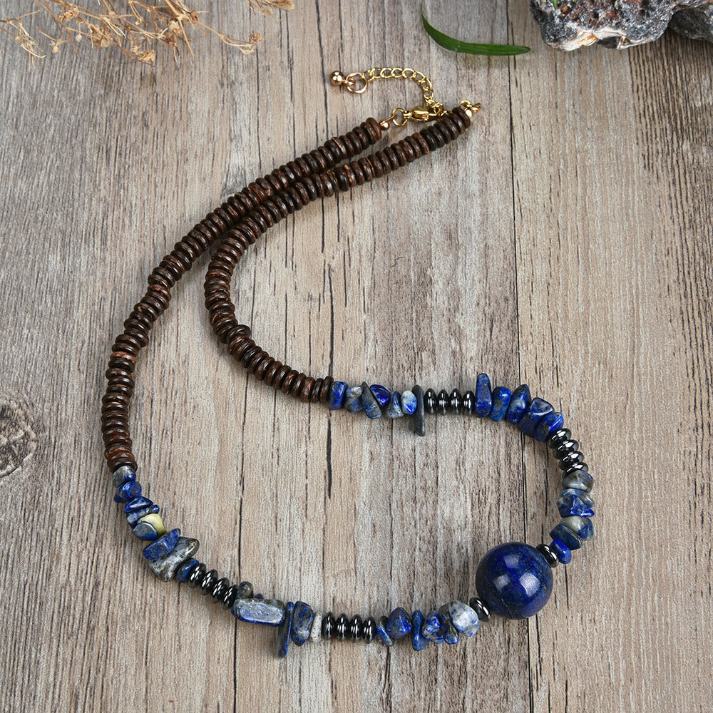 Olivenorma Natural Stone Beaded Ball Pendant Necklace - Lapis Lazuli&Hematite - image 4