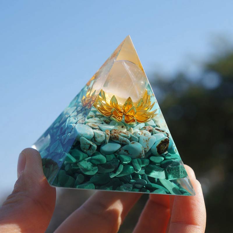 Clear Crystal Turquoise Malachite Lotus Symbol Orgone Pyramid - image 4