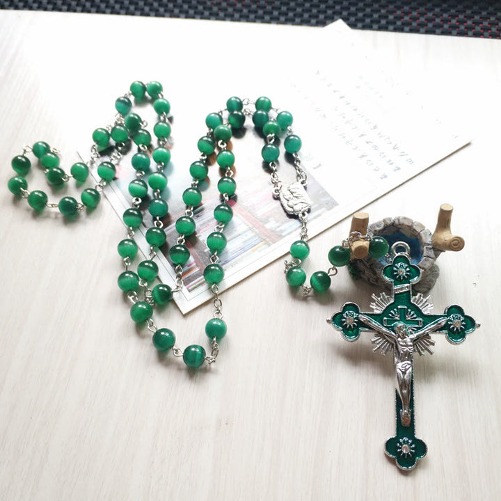 Olivenorma Green Cat's Eye Stone Cross Rosary Necklace - image 2