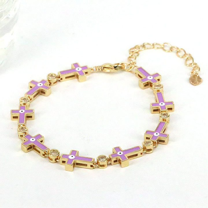 Olivenorma Color Dripping Evil Eye Alloy Cross Beads Bracelet - Purple Cross - image 1