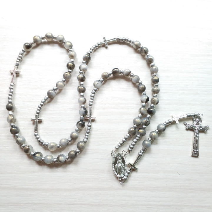 Olivenorma Gray Acrylic Ball Beaded Cross Rosary Necklace - image 4