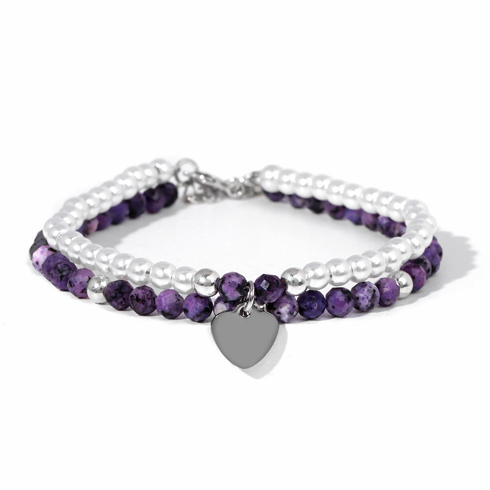Olivenorma Faceted Stone Pearl Heart Charm Double Layer Bracelet - Purple Turquoise&Pearl - image 16