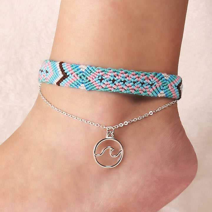 Olivenorma Handwoven Cotton Rope OM Pendant Bracelet Anklet - Blue - Waves - image 5