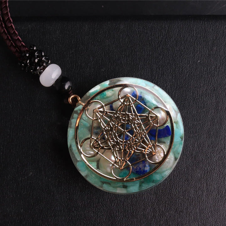 Olivenorma Amazonite Lapis Lazuli Pearl Metatron's Cube Pendant Necklace - image 4