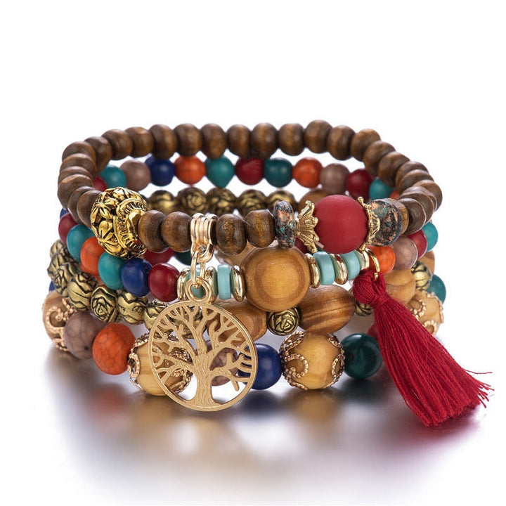 Olivenorma Bohemia Tree Of Life Beaded Bracelet Set (4 Pcs) - Red Turquoise&Picture Jasper - image 0