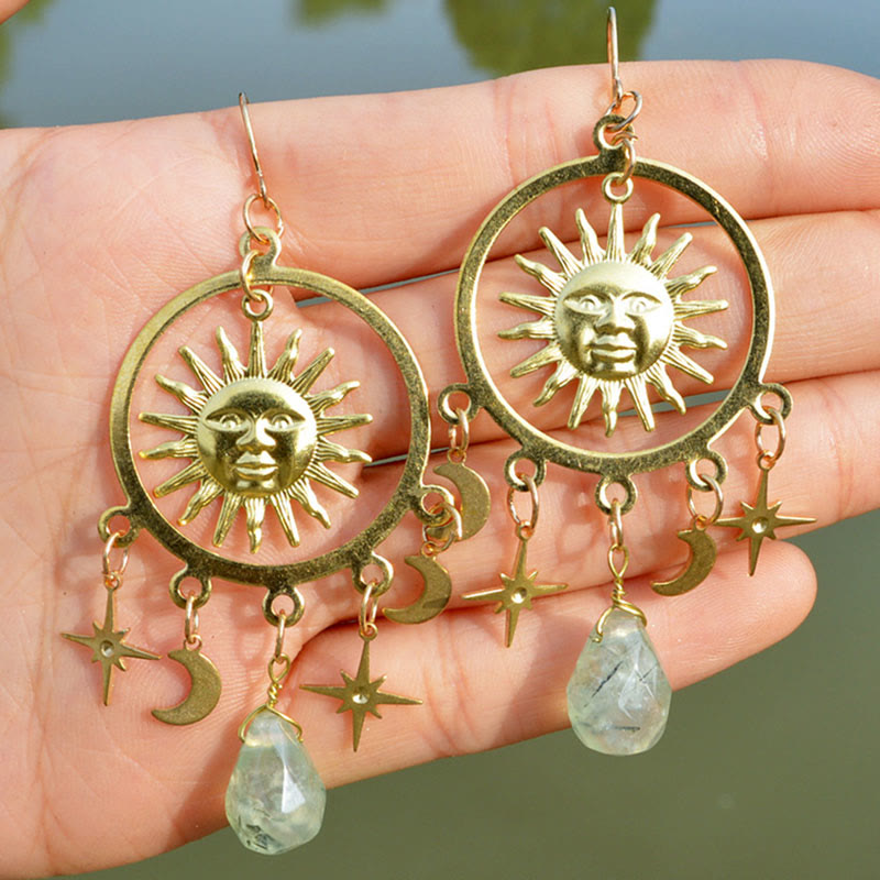 Olivenorma Natural Raindrop Crystal Gold Sun Moon Star Earrings - Prehnite - image 5