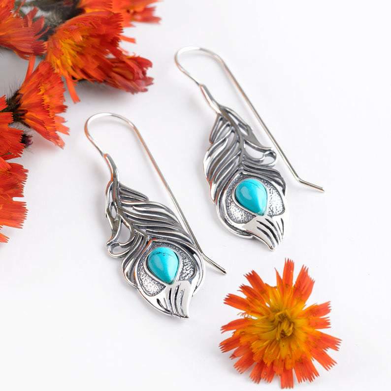 Olivenorma Vintage Turquoise Peacock Feather Cutout Bohemia Earrings - image 3