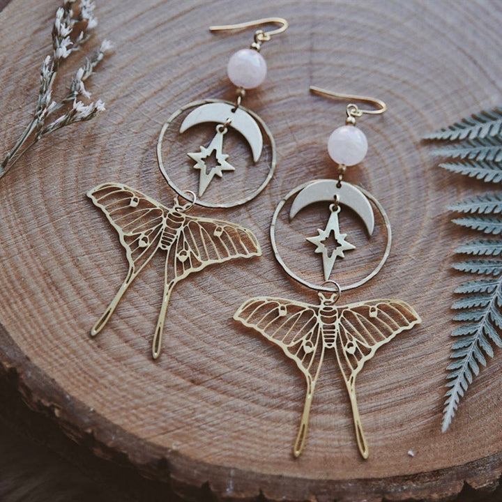 Olivenorma Natural Rose Quartz Star and Moon Moth Earrings - Rose Quartz - image 0