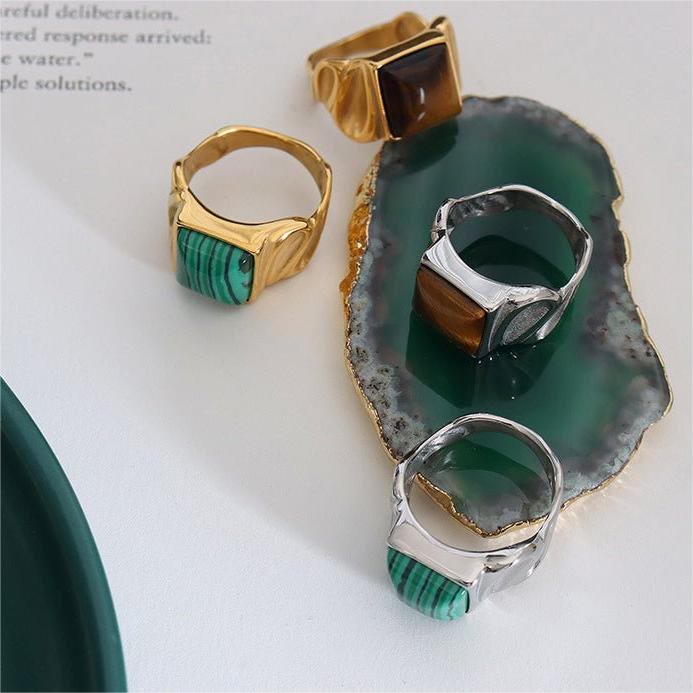 Olivenorma Square Malachite Tiger Eye Gold Titanium Steel Ring - image 10