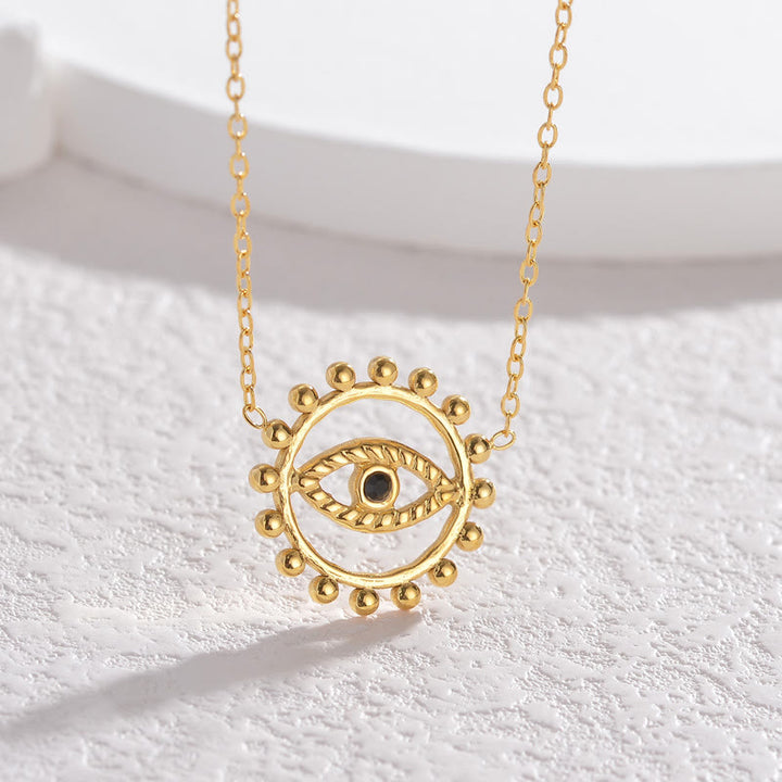 Olivenorma Hollow Round Evil Eye 18K Gold Plated Stainless Steel Necklace - Obsidian - image 0