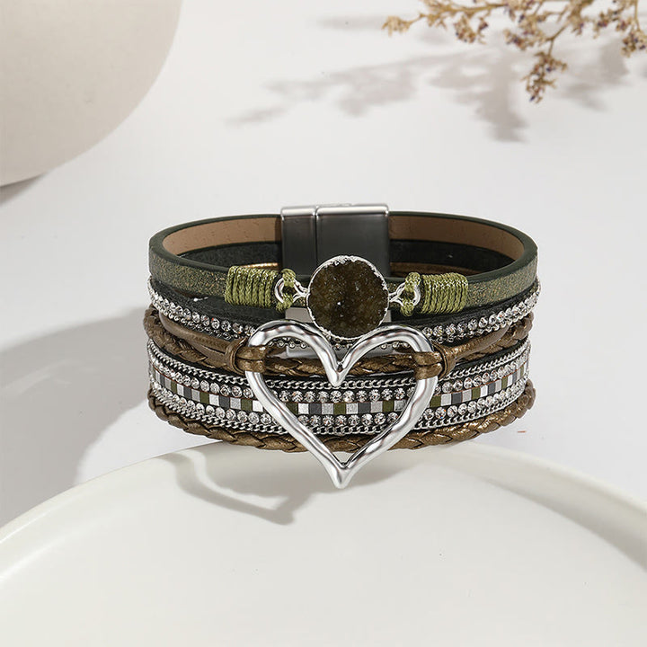 Olivenorma Multicolor Crystal Cluster Metallic Heart Braided Leather Bracelet - Grass green - image 17