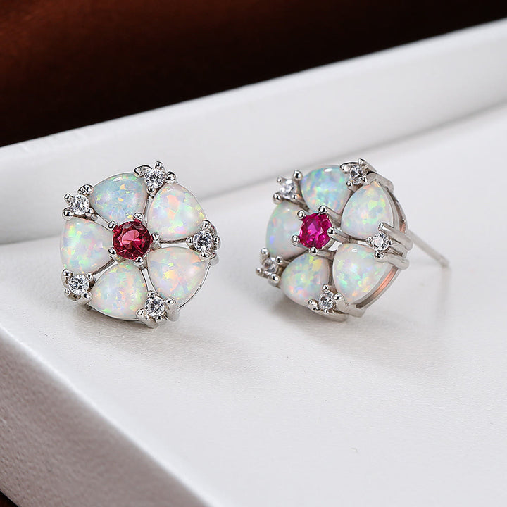 Olivenorma Opal Flower Shaped Earrings - White Opal&Rose Zircon - image 9