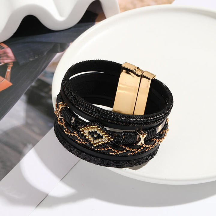 Olivenorma Zircon Rice Beads Woven Evil Eye Metal Wide Bracelet - Black&Evil Eye - image 4