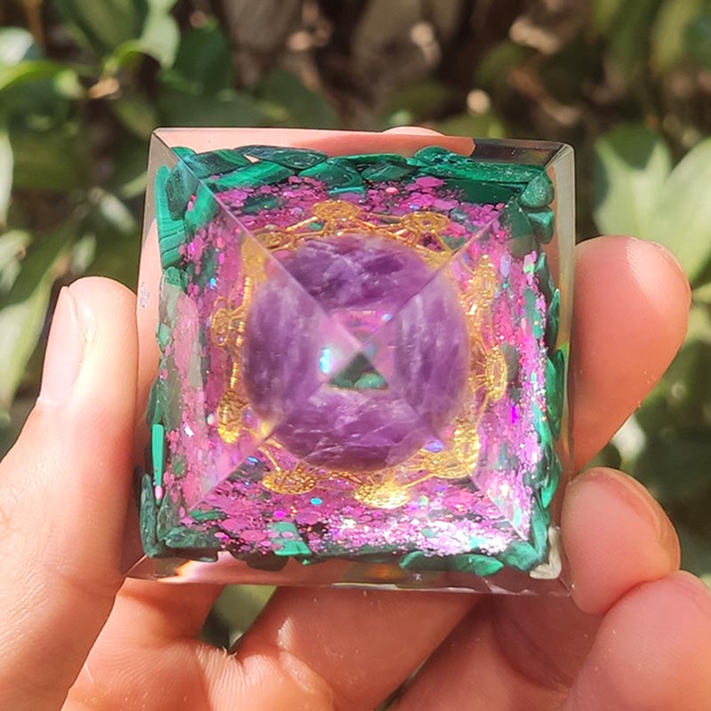Olivenorma Amethyst Malachite Metatron's Cube Symbol Orgone Pyramid - image 4