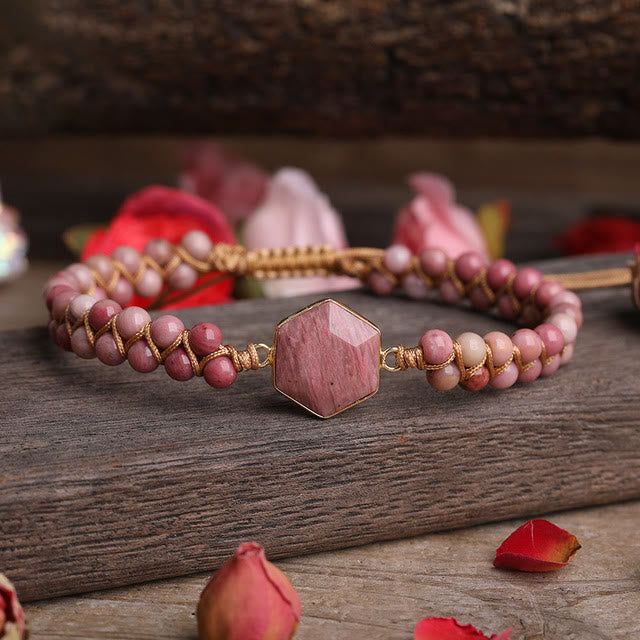 Olivenorma Raw Crystal Hexagon Braided Beaded Bracelet - Rhodonite - image 2