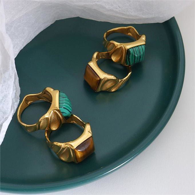Olivenorma Square Malachite Tiger Eye Gold Titanium Steel Ring - image 9