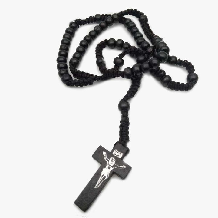 Olivenorma Cross Wooden Mala Bead Rosary Necklace - Black - image 1