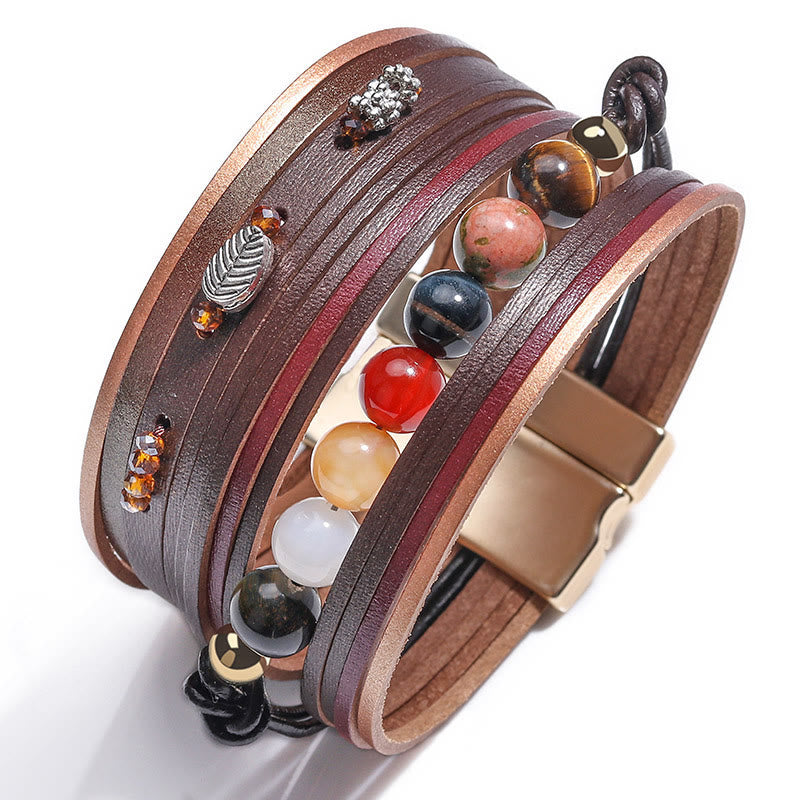 Olivenorma Natural Crystal Beaded Leather Multi-layer Bracelet - Brown - image 9