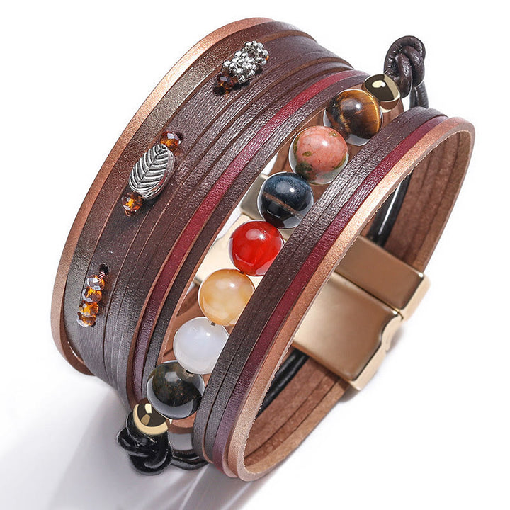 Olivenorma Natural Crystal Beaded Leather Multi-layer Bracelet - Brown - image 9