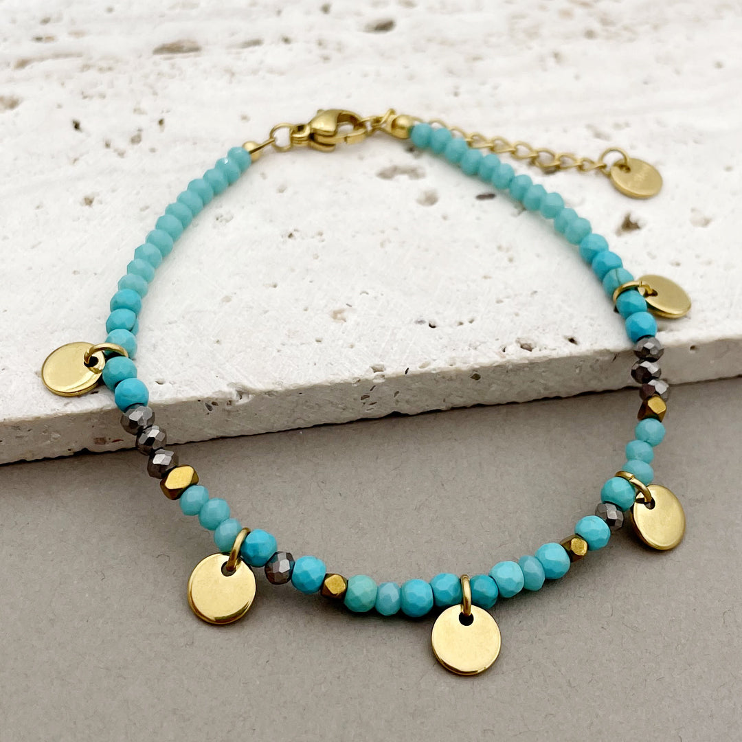 Olivenorma Natural Stone Beaded Titanium Disc Charm Bracelet - Turquoise - image 13