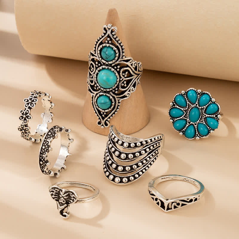 Retro Turquoise 7 - Piece Rings Set - image 4