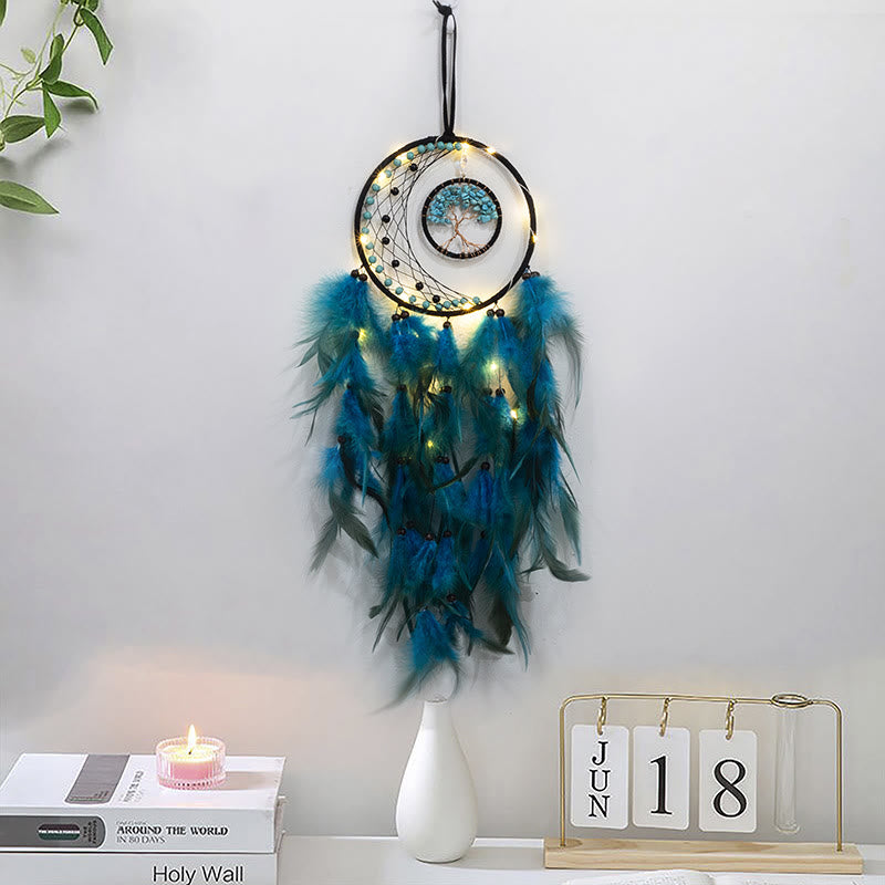 Olivenorma LED Turquoise Tree Of Life Feather Dream Catcher - image 1