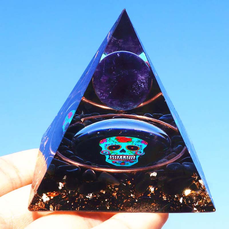 Olivenorma Amethyst&Obsidian Skull Symbol Orgone Pyramid - image 3