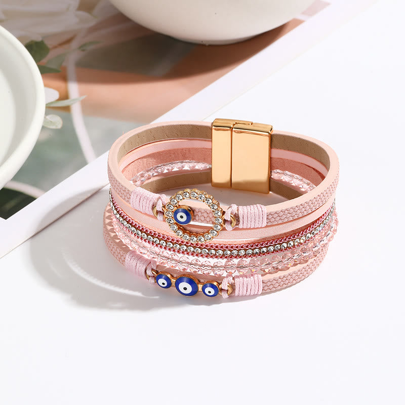 Olivenorma White Zircon Boho Evil Eye Metal Wide Leather Bracelet - Pink&Evil Eye - image 6