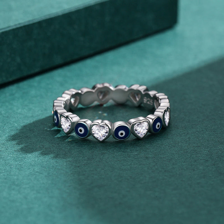 Olivenorma S925 Sterling Silver Heart White Zircon Evil Eye Ring - Navy Blue Evil Eye&White Zircon - 10 - image 0