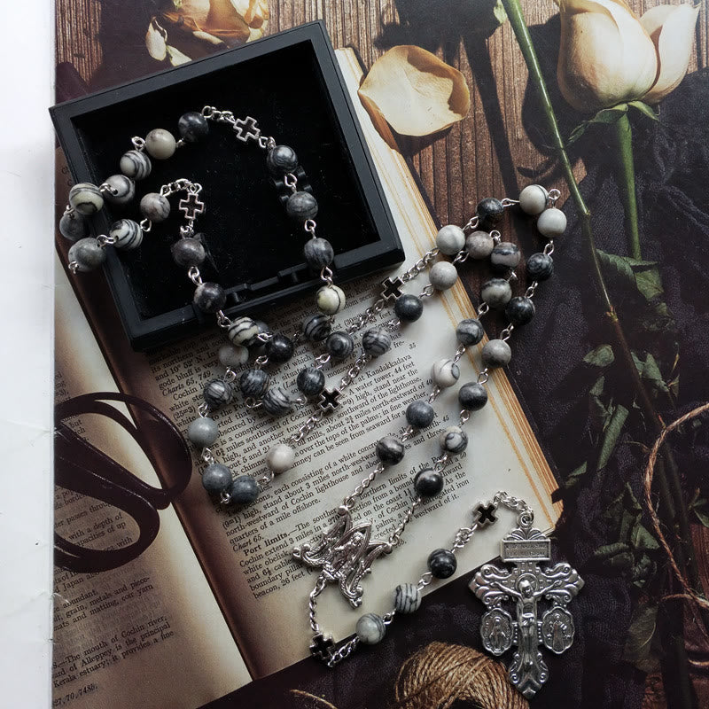 Olivenorma Black Network Agate Holy Mother Cross Rosary Necklace - image 4